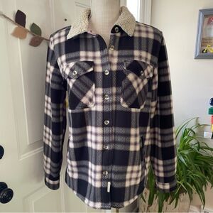 Soho Threads Women Plaid Fleece Jacket Push Sherpa Lined Shirt Black Rose (S)